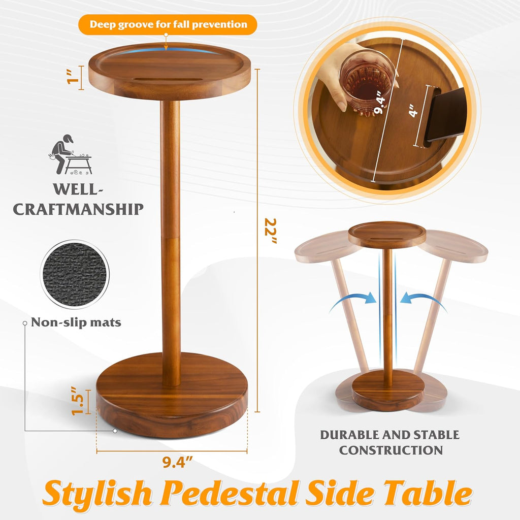 Drink Table, 24.4" Tall Compact Side Table with Phone Slot and Weighted Base, Durable Pedestal Table Accent for Living Room (Stepped Base, Acacia)