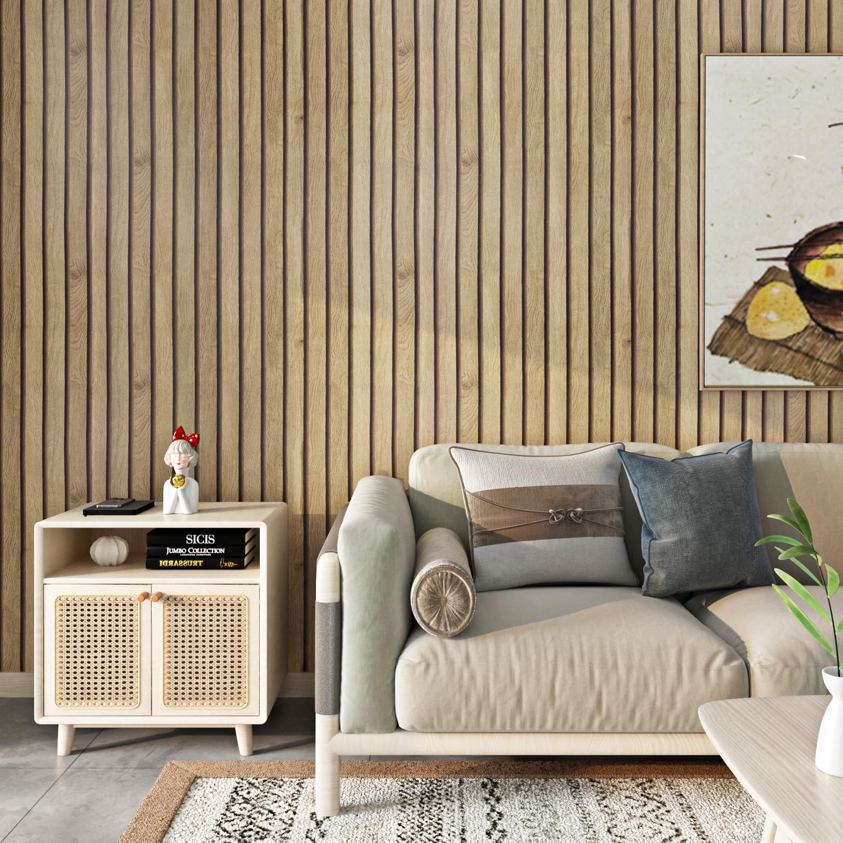 FunStick 24"x200" Wood Slat Peel and Stick Wallpaper Removable Wood Contact Paper Peel and Stick Wood Slats Wall Paper Decor Self Adhesive Vinyl Beadboard Wallpaper for Bathroom Kitchen Cabinets Table