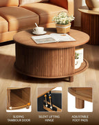 Round Lift Top Coffee Table with Storage, Mid Century Modern Center Table with 180° Sliding Tambour Door, Small Circle Wood Fluted Dining Table for Living Room, Walnut