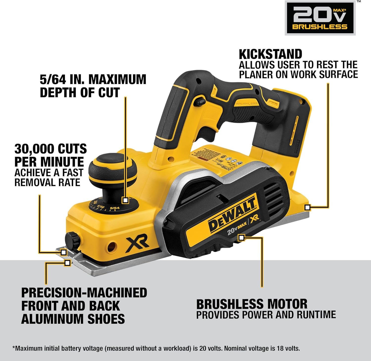 DEWALT 20V MAX Planer, 30,000 Cuts Per Minute, 2 mm Cut Depth, Brushless Motor, Bare Tool Only (DCP580B)