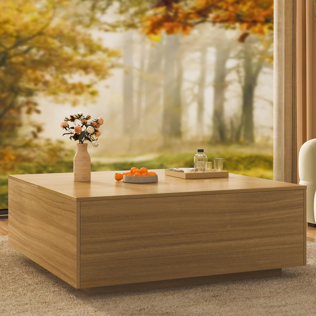 43 Inch Large Square Coffee Table with Storage,Modern Wooden Coffee Tables with 2 Drawers Storage for Living Room,Mid Century Tea Table/Aesthetic Coffee Table Center Table for Home Office(Walnut)