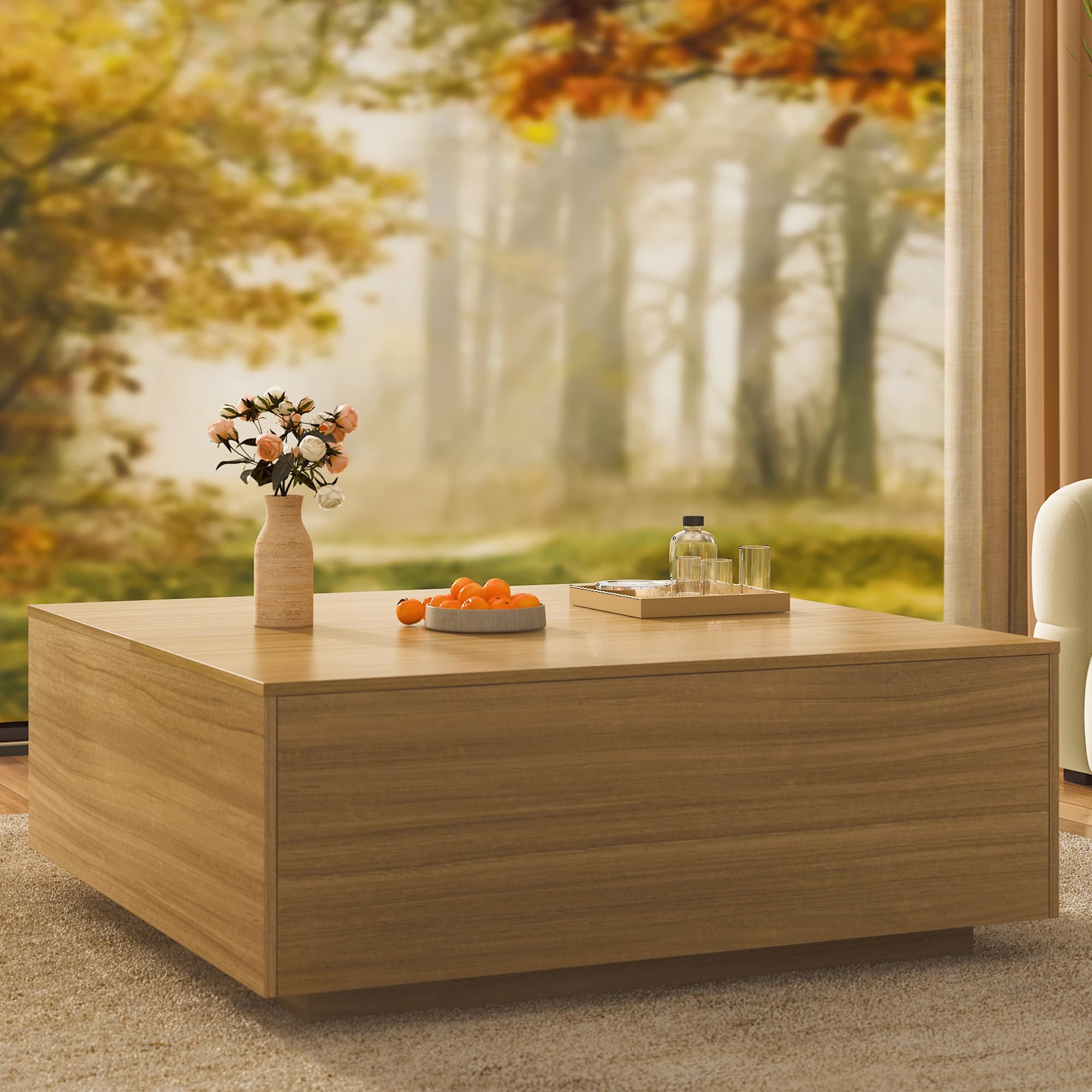 43 Inch Large Square Coffee Table with Storage,Modern Wooden Coffee Tables with 2 Drawers Storage for Living Room,Mid Century Tea Table/Aesthetic Coffee Table Center Table for Home Office(Walnut)