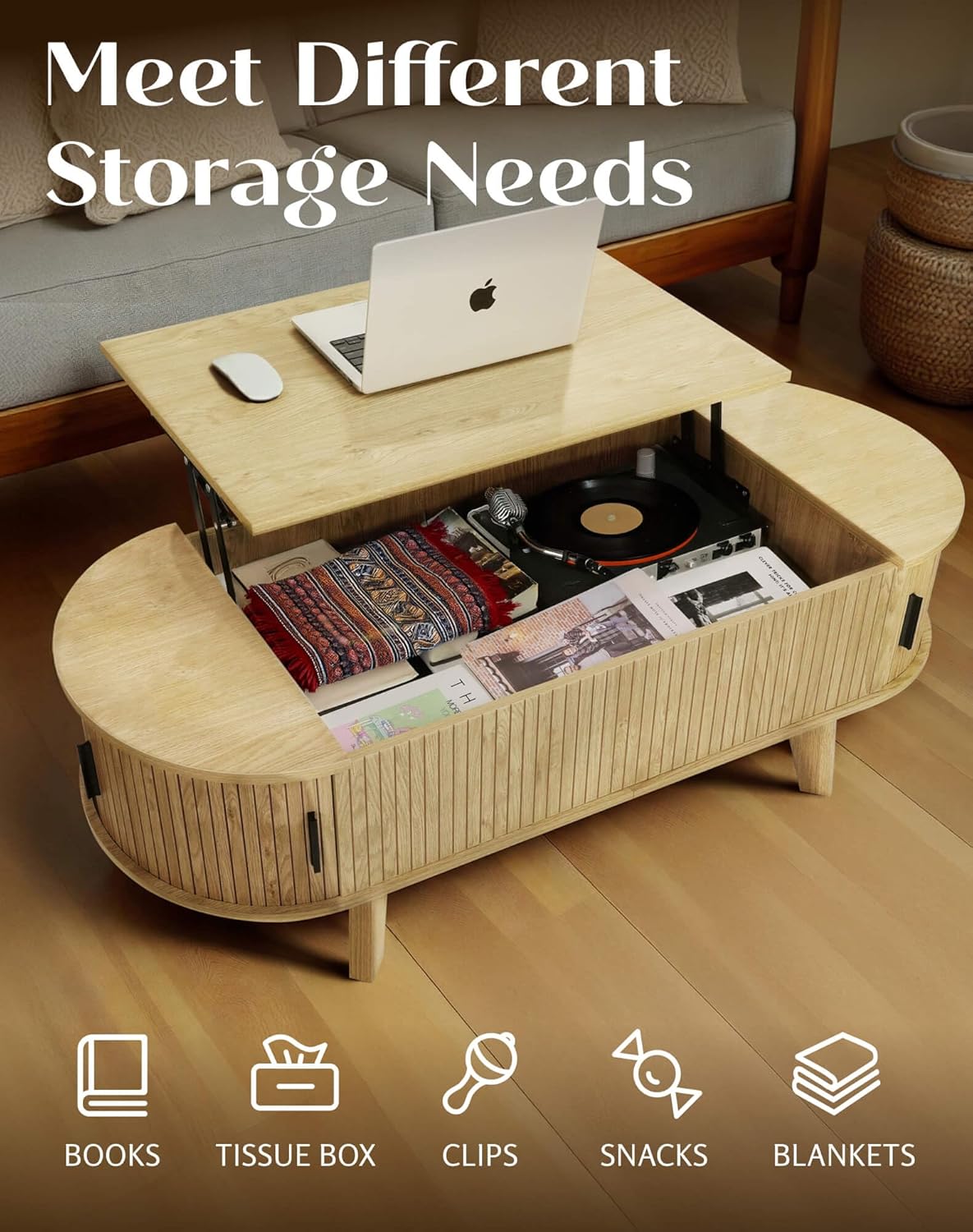 Oval Coffee Table with Storage, 47.2" Lift Top Coffee Table for Living Room, Modern Wood Fluted Center Table with 180° Sliding Tambour Door, Natural