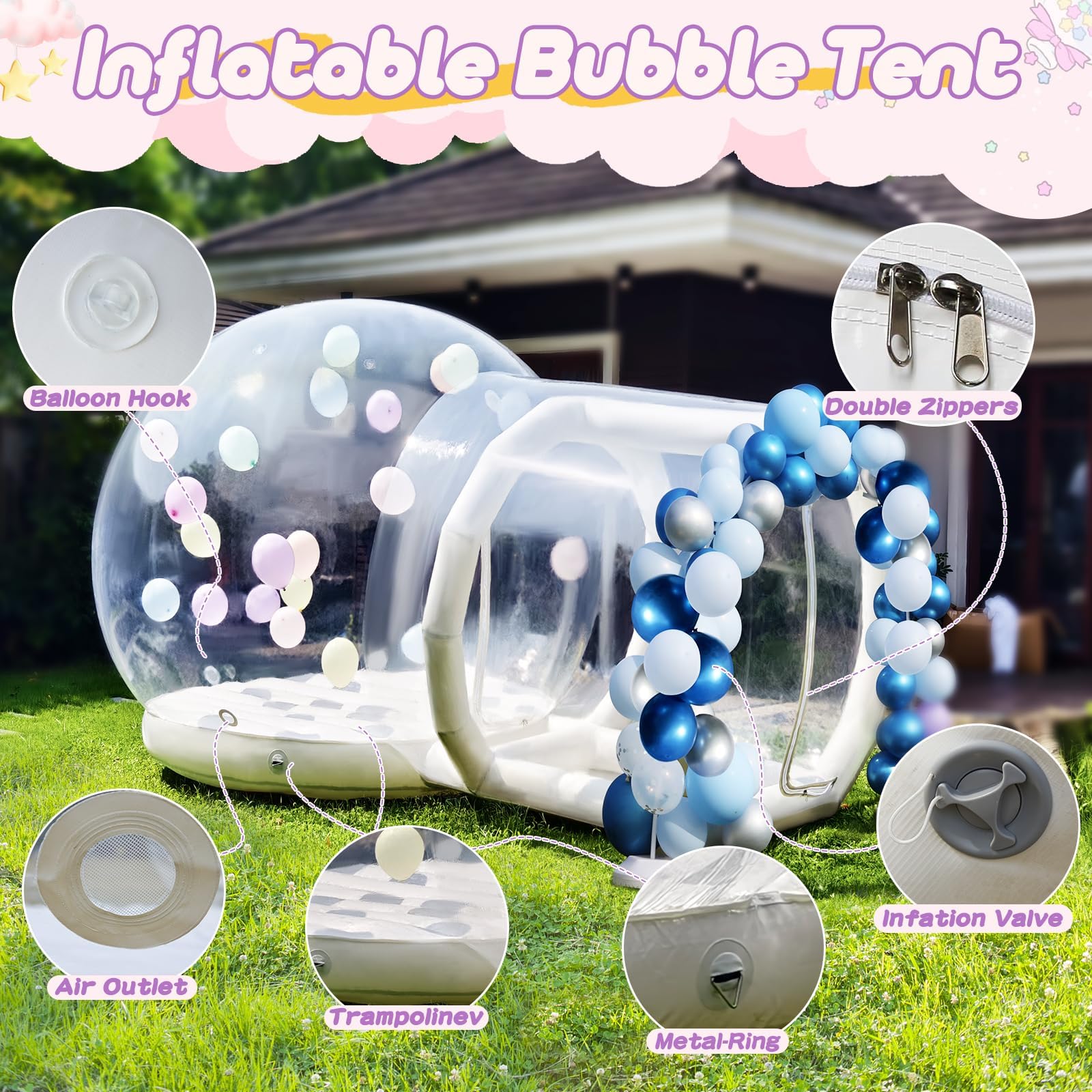 13ft aufblasbares Bubble-Haus für Kinder mit Trampolin, klarer aufblasbarer Bubble-Dom-Zelt mit Gebläse & Pumpe, wasserdichtes Garten-Zelt aus PVC in Gewerbequalität mit 7ft Tunnel, Camping, Party, gewerbliche Nutzung