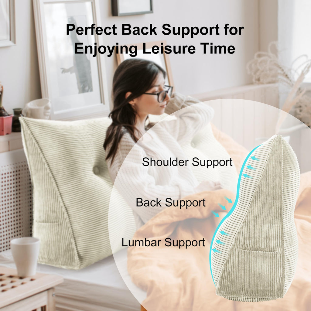 WOWMAX Wedge Pillow Headboard Queen Triangular Headboard Pillow Queen Bed Wedge Pillow for Headboard Bolster Pillow for Bed Daybed Pillows with Removable Cover, Corduroy(100% Cotton), White