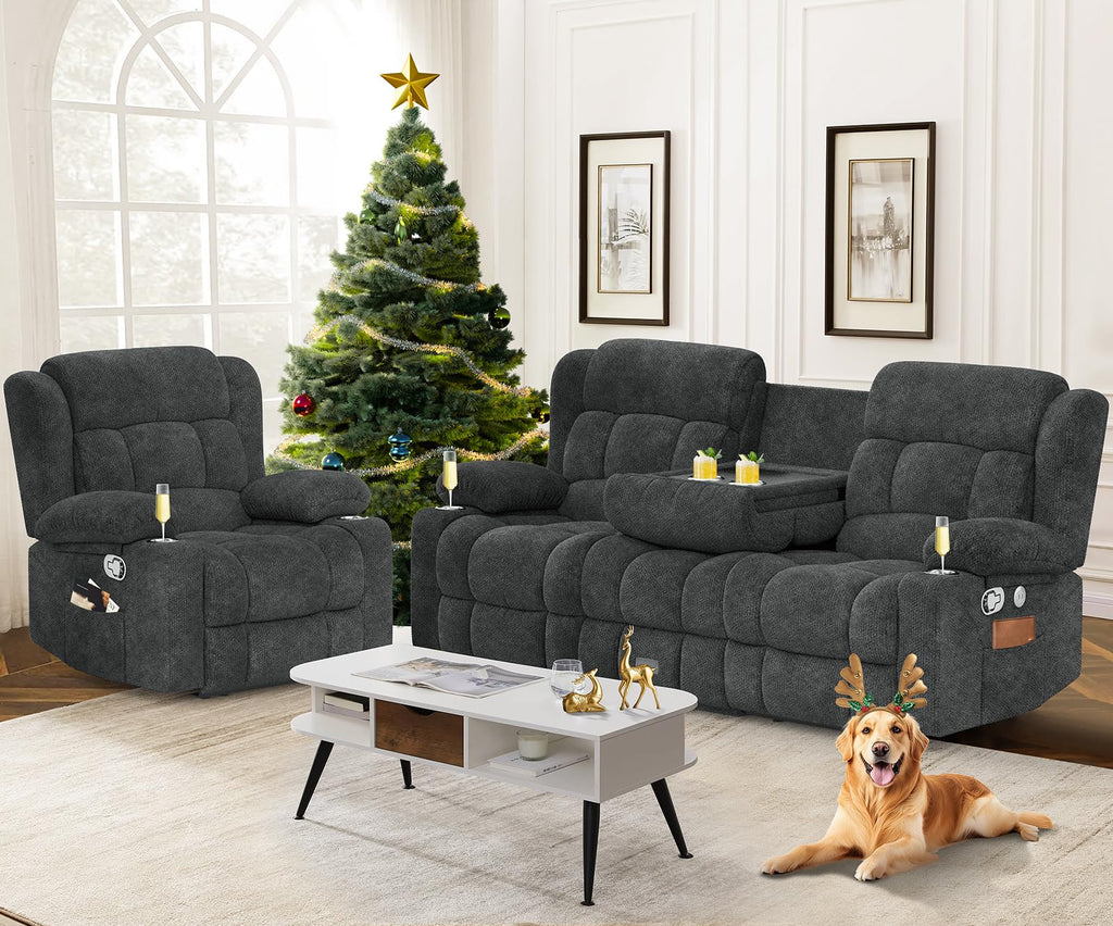 Loveseat Recliner Sofa, Flip Middle Backrest Design PU Leather 3 Seat Reclining Sofa with Storage Drawer, Manual Couch for Living Room/RV (Black, PU)