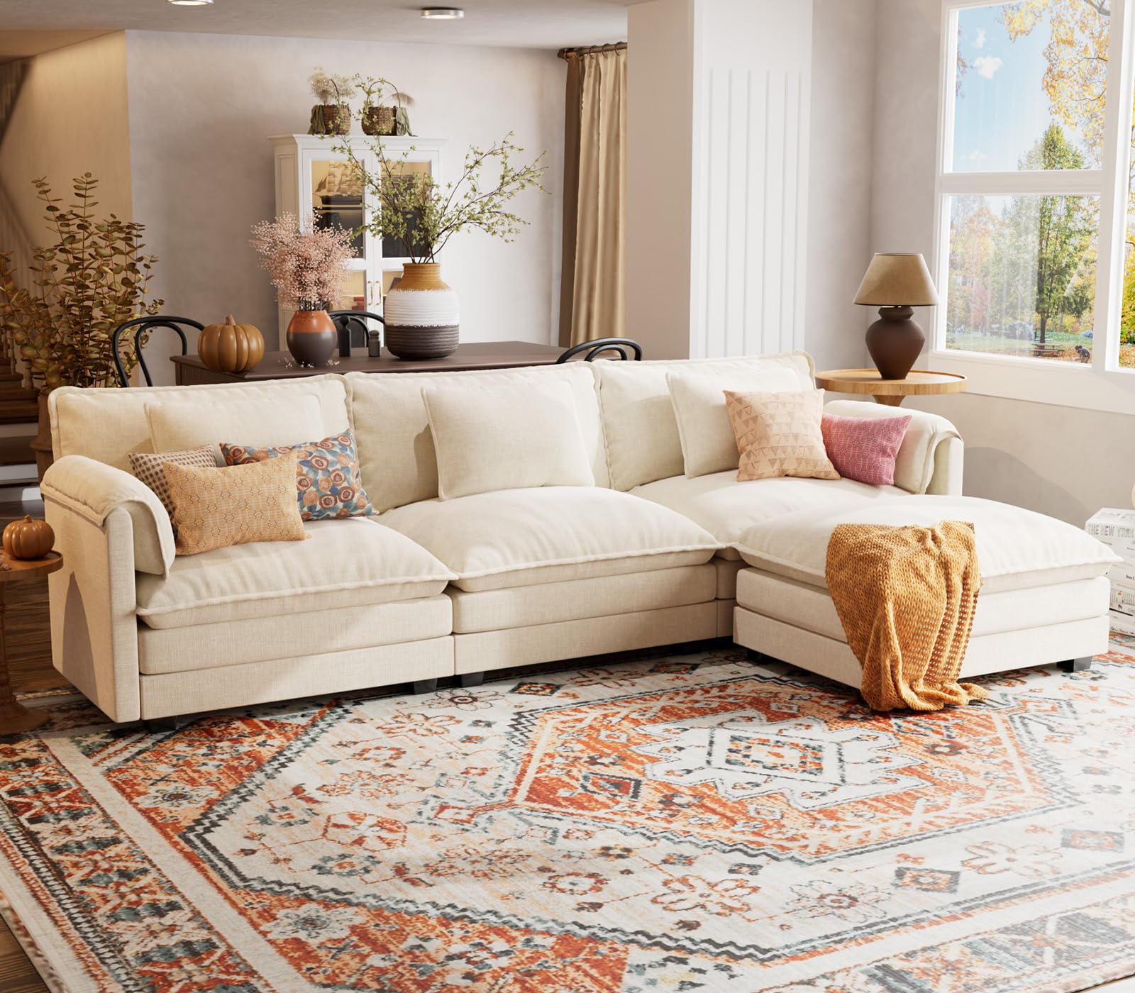 ELUCHANG 113" Modular Sectional Sofa, Comfy Cloud Couch, L Shaped Deep Seat Sofa Couches for Living Room, 4-Seater Modern Sofa with Movable Ottoman, DIY Combination - Chenille Green