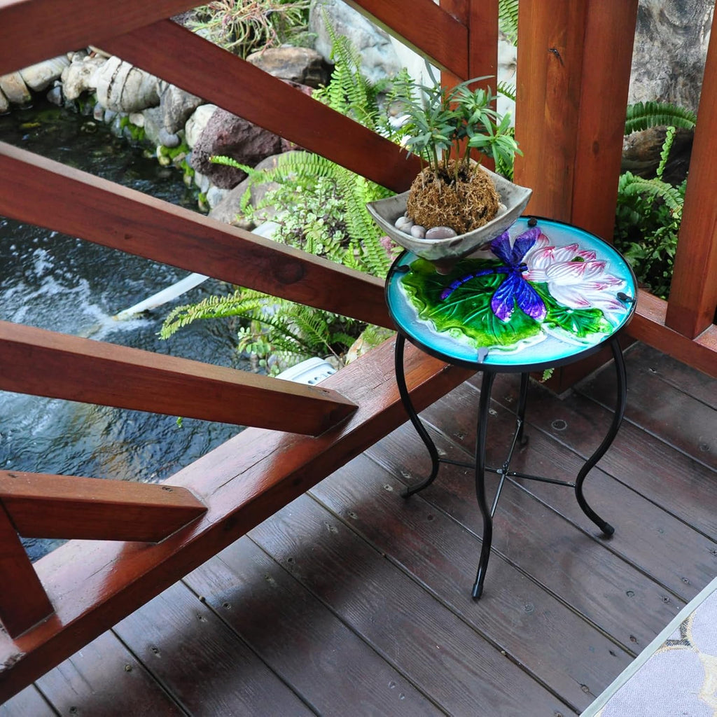 Outdoor Side Table Accent Table Patio Side Table Plant Stands Small Mosaic Table Glass Top Round Balcony Coffee Table
