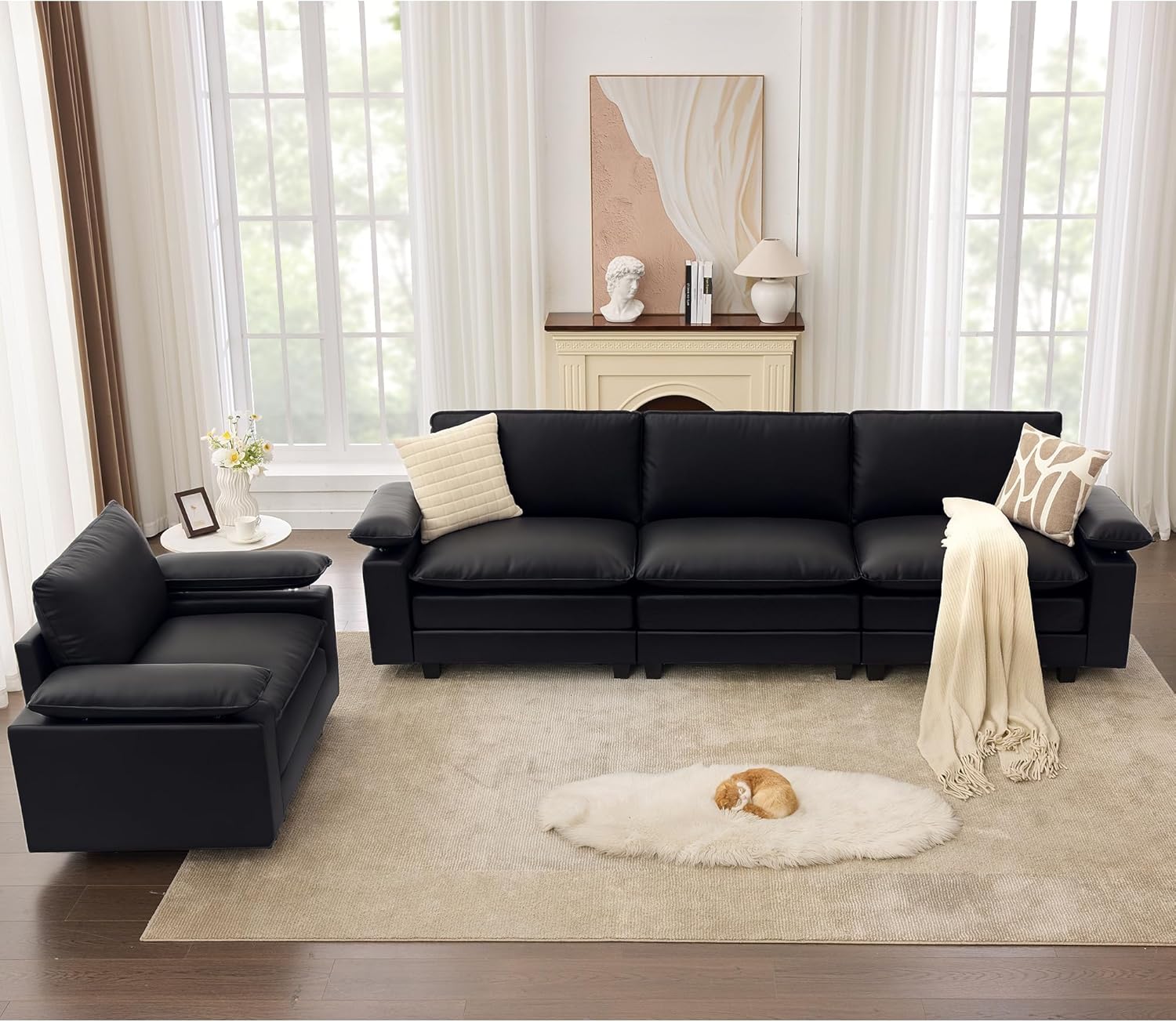 TYBOATLE 122'' Sofa Set for Living Room, Black Leather Sectional Couch with Chairs, Comfy Cloud Couch w/Adjustable Wider Armrest, Deep Seat Upholstered Modular Sofa for Office, Studio, Appartment