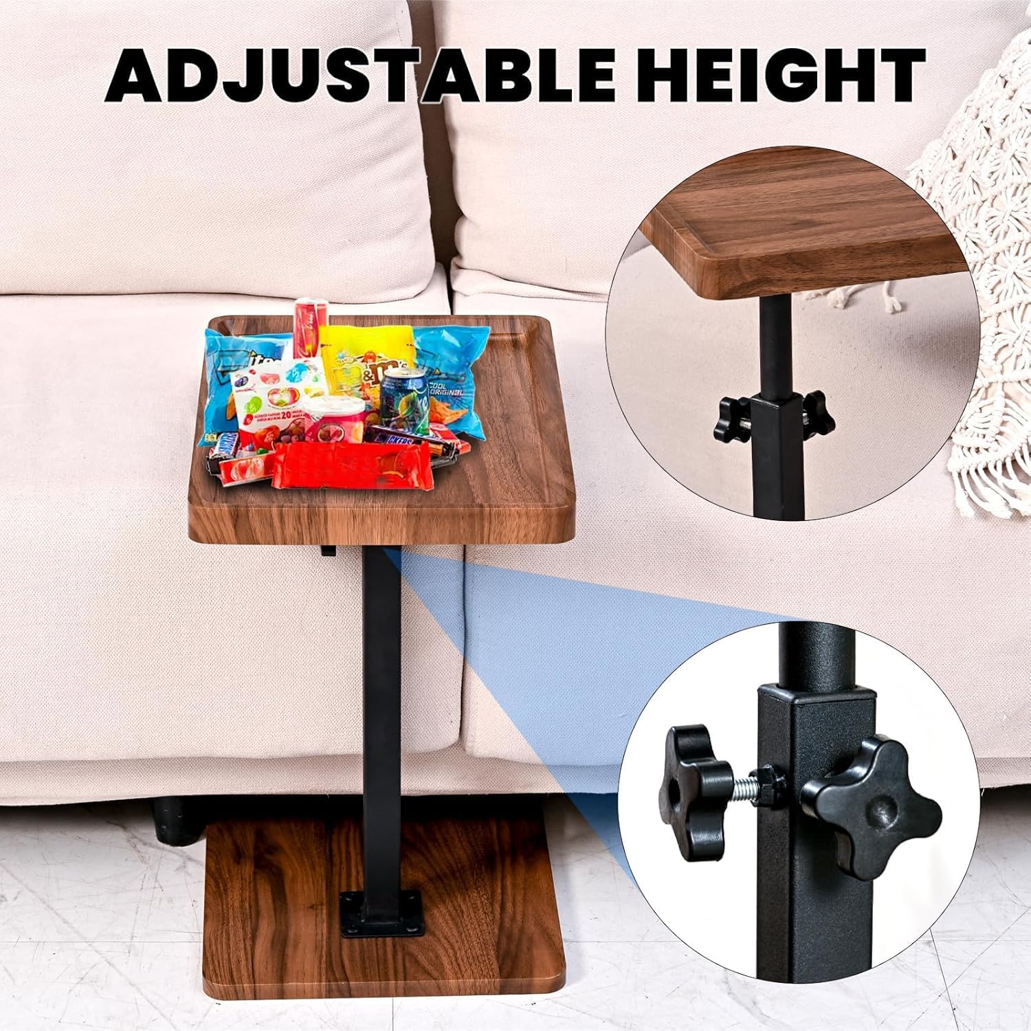 C Table End Table Adjustable Height,C Shaped End for Couch，Snack Tables,360°Swivel TV Tray Sofa Table,Tables That Slide Under,Coffee SideTable for Bed,Chair,Bath-tub (Black Color)