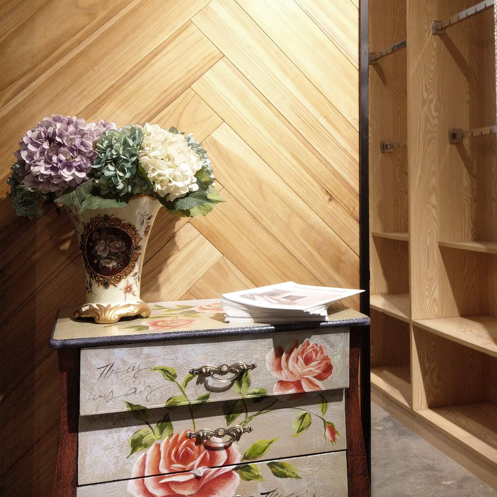 COLAMO 10PCS Faux Teak Peel and Stick Wood Panels for Wall, Vintage Farmhouse Adhesive Shiplap Boards for RV Backsplash, Living Room, Bed Room, Accent Wall, Self Stick On Wooden Paneling(12.4sqft)