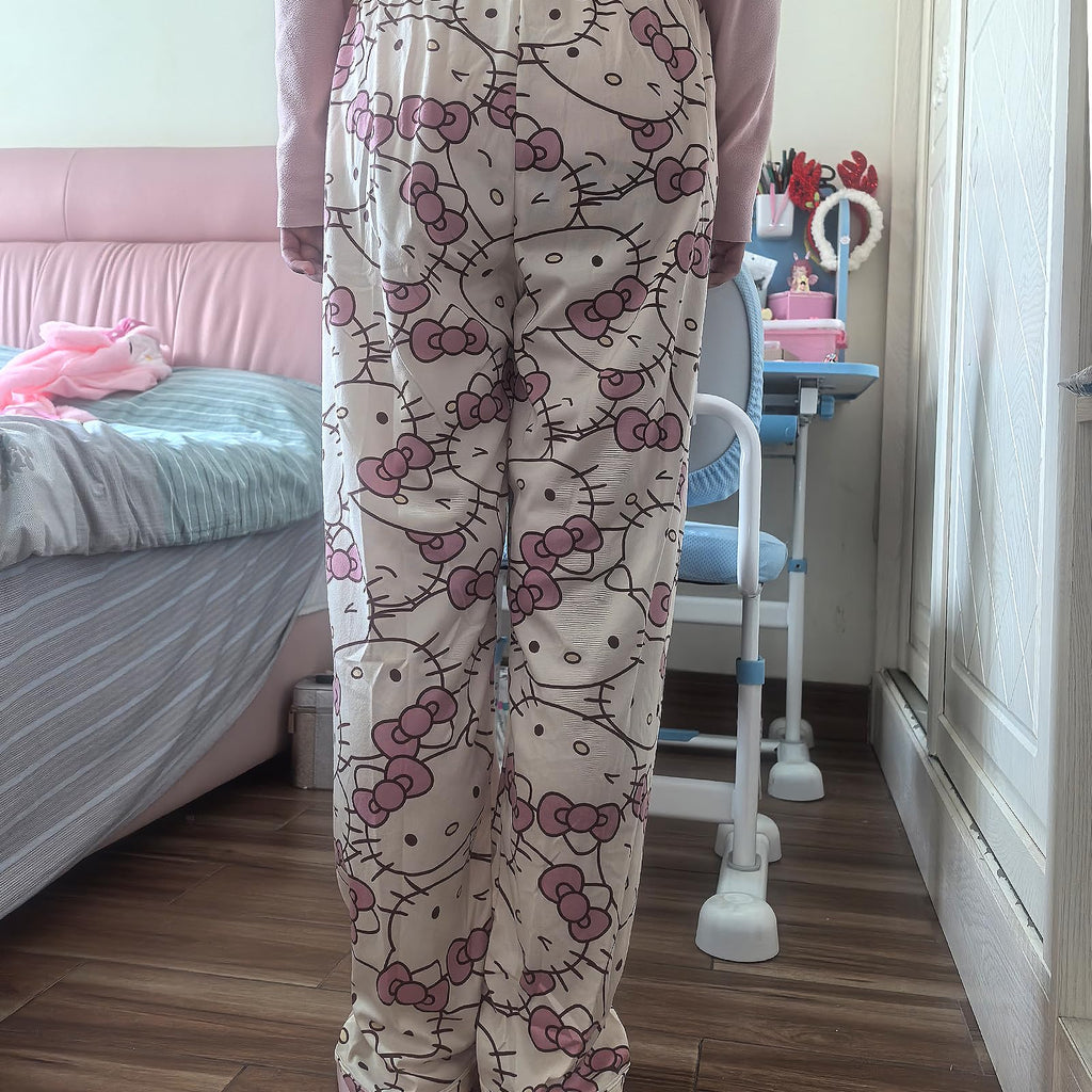 Kawaii Pajamas Pants for Women Girls Cute Cat Anime Cartoon Print Fashion Sleep Pajama Pants Comfy Loungewear (L)