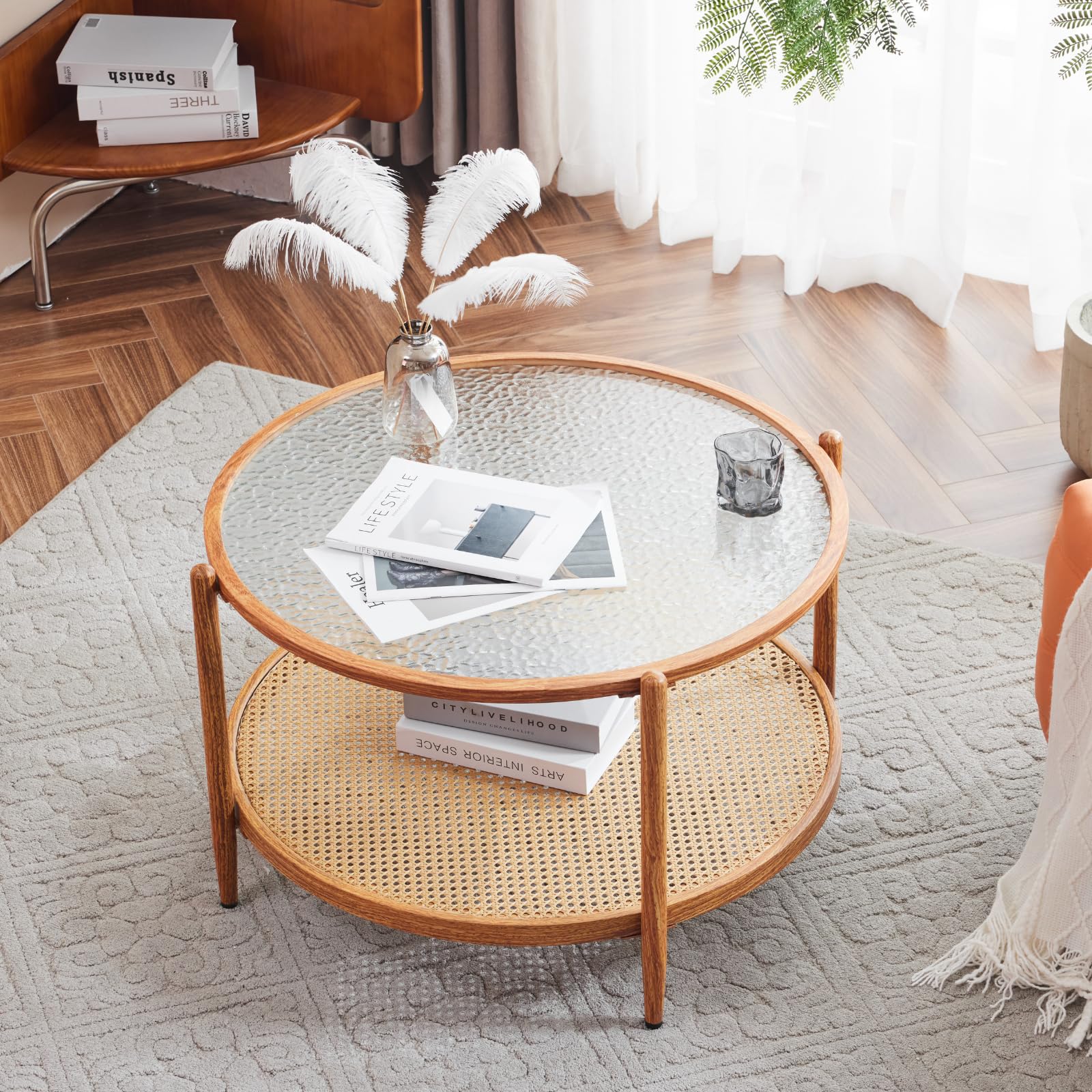 VINGLI 25.6" Round Gold Coffee Tables for Living Room, 2-Tier Glass Top Coffee Table with Storage Clear Coffee, Simple & Modern Center Table for Small Space