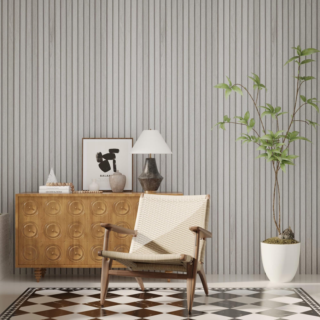JSEVEM 16"×118" 3D Cream White Grey Slats Striped Wood Wallpaper Peel and Stick Waterproof Gray Slat Stripe Wood Contact Paper Vinyl Self Adhesive Wood Stickers for Walls Cabinets Kitchen Countertops