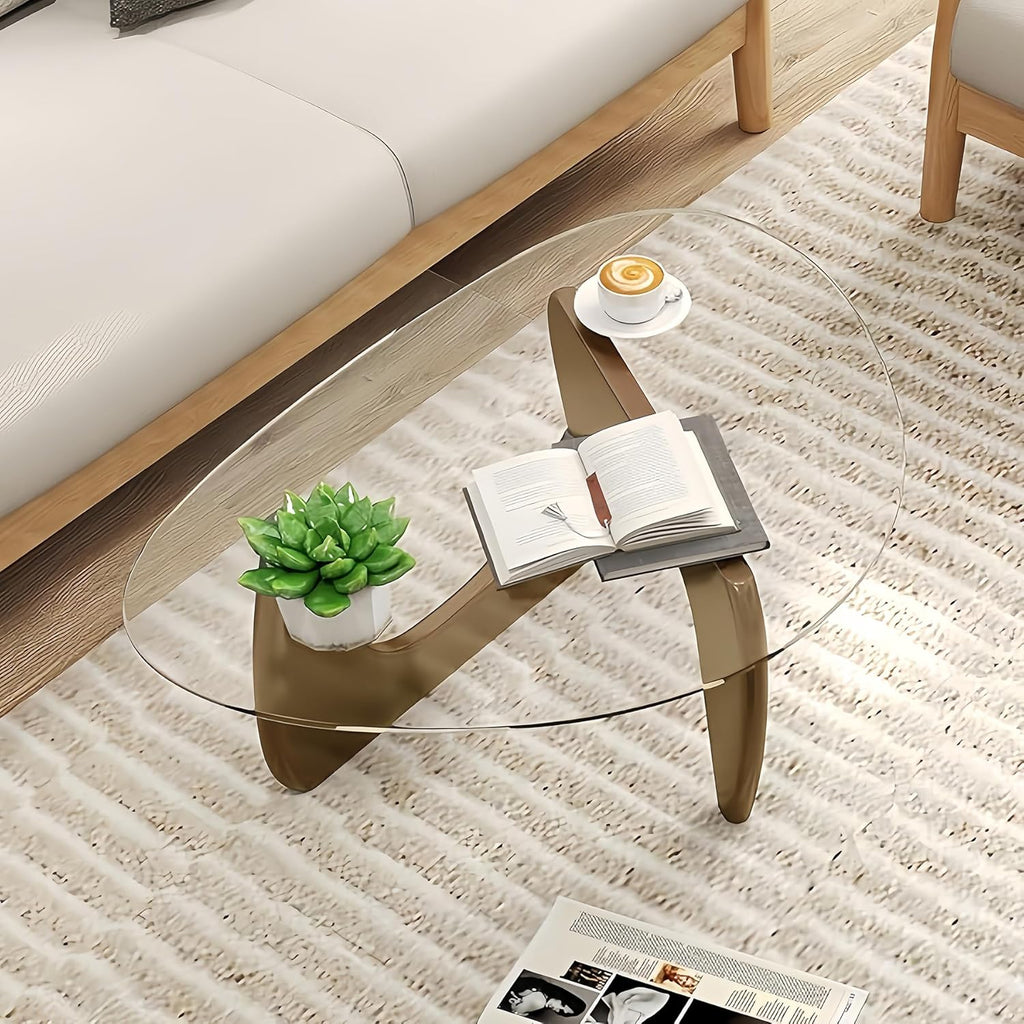 Modern Glass Coffee Table, 32.3″D×25.6″W×15.8″H-Abstract Unique Mid Century Triangle Center Table for Living Room, Minimalist Middle Tables for Home Office, Wooden Base