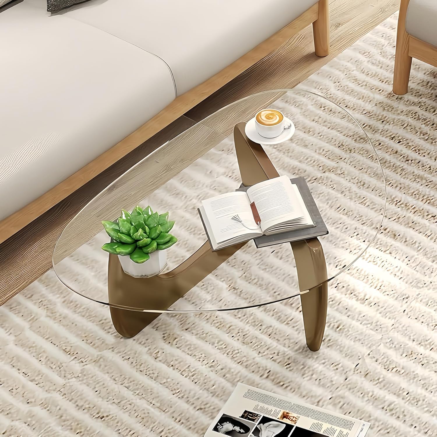 Modern Glass Coffee Table, 32.3″D×25.6″W×15.8″H-Abstract Unique Mid Century Triangle Center Table for Living Room, Minimalist Middle Tables for Home Office, Wooden Base