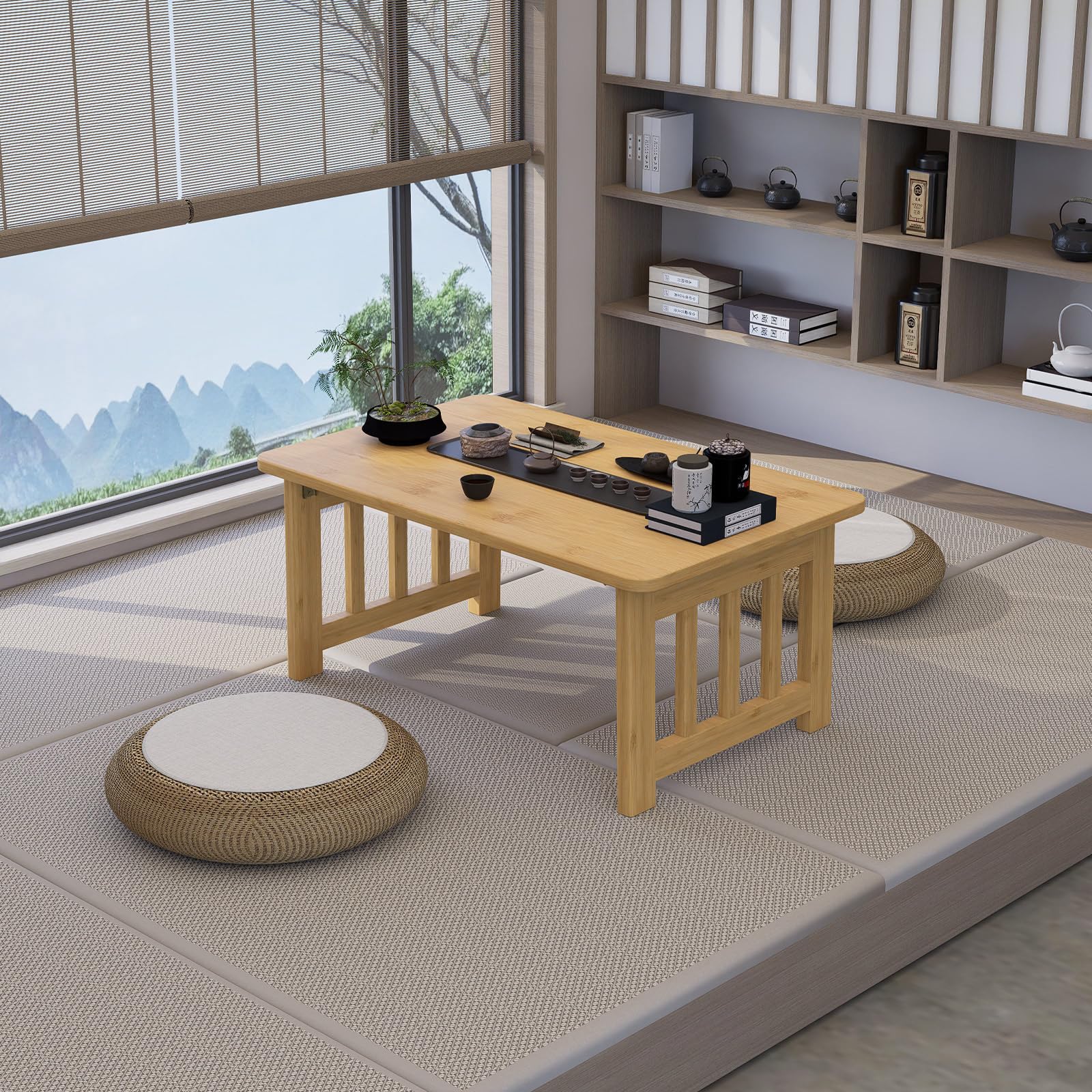31.5" Folding Coffee Table for Small Spaces, Foldable Japanese Table, Low Table for Tatami - No Assembly, Natural Bamboo Wood Material, for Farmhouse, Living Room, Bedroom (Walnut)