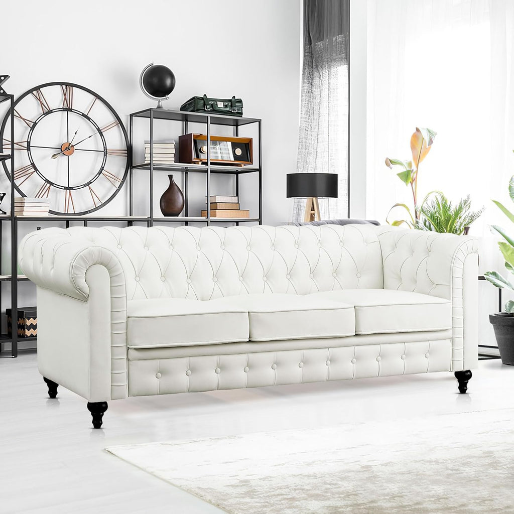 Naomi Home Emery Chesterfield Sofa with Rolled Arms, Tufted Cushions / 3 Seater Sectional Sofa Couch for Small Spaces, Living Room, Bedroom, Apartment Easy Tool-Free Assembly – Off White
