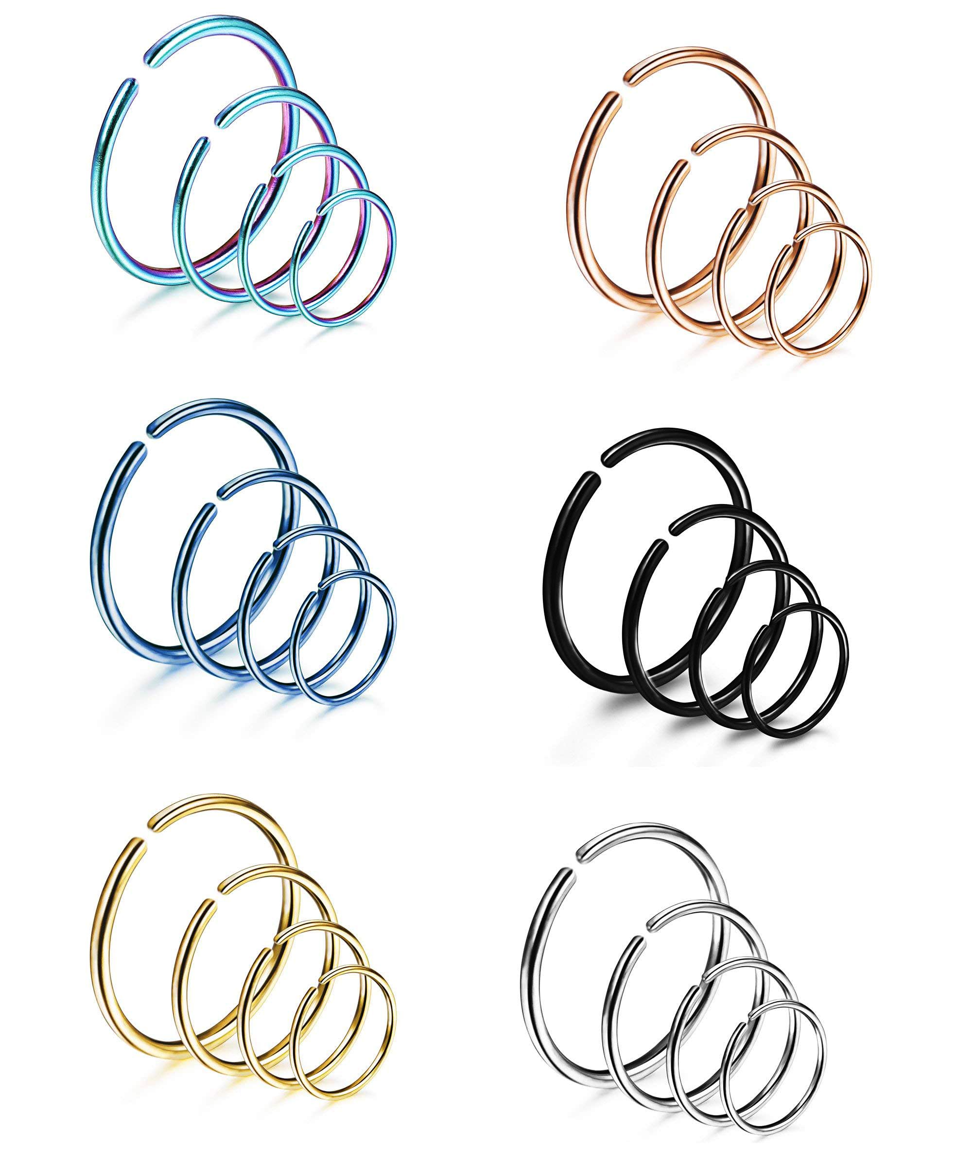 LOYALLOOK 18/24Pcs Hypoallergenic Nose Rings Hoops 316L Surgical Stainless Steel Lightweight Small Piercing Jewelry for Women Men Cartilage Tragus Helix