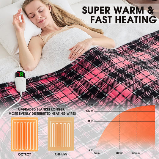 Heated Blanket Electric Throw, 50X60, Heating Throw with 10 Heating Levels/8 Hours Auto Off, Navy Blue Plaid Checkered Sherpa Blanket Warmer for Adults, Washable Blanket Gift for Couch Bed Office, ETL