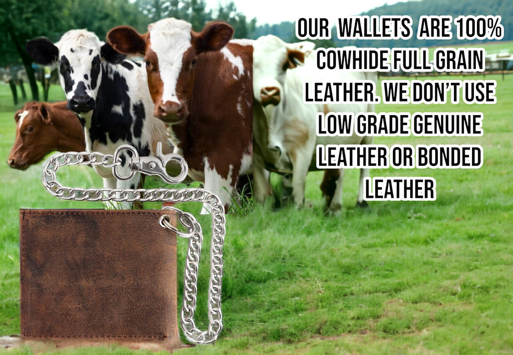 F&L CLASSIC RFID Blocking Mens bi-fold Style Cowhide Leather Steel Chain Wallet, brown vintage leather