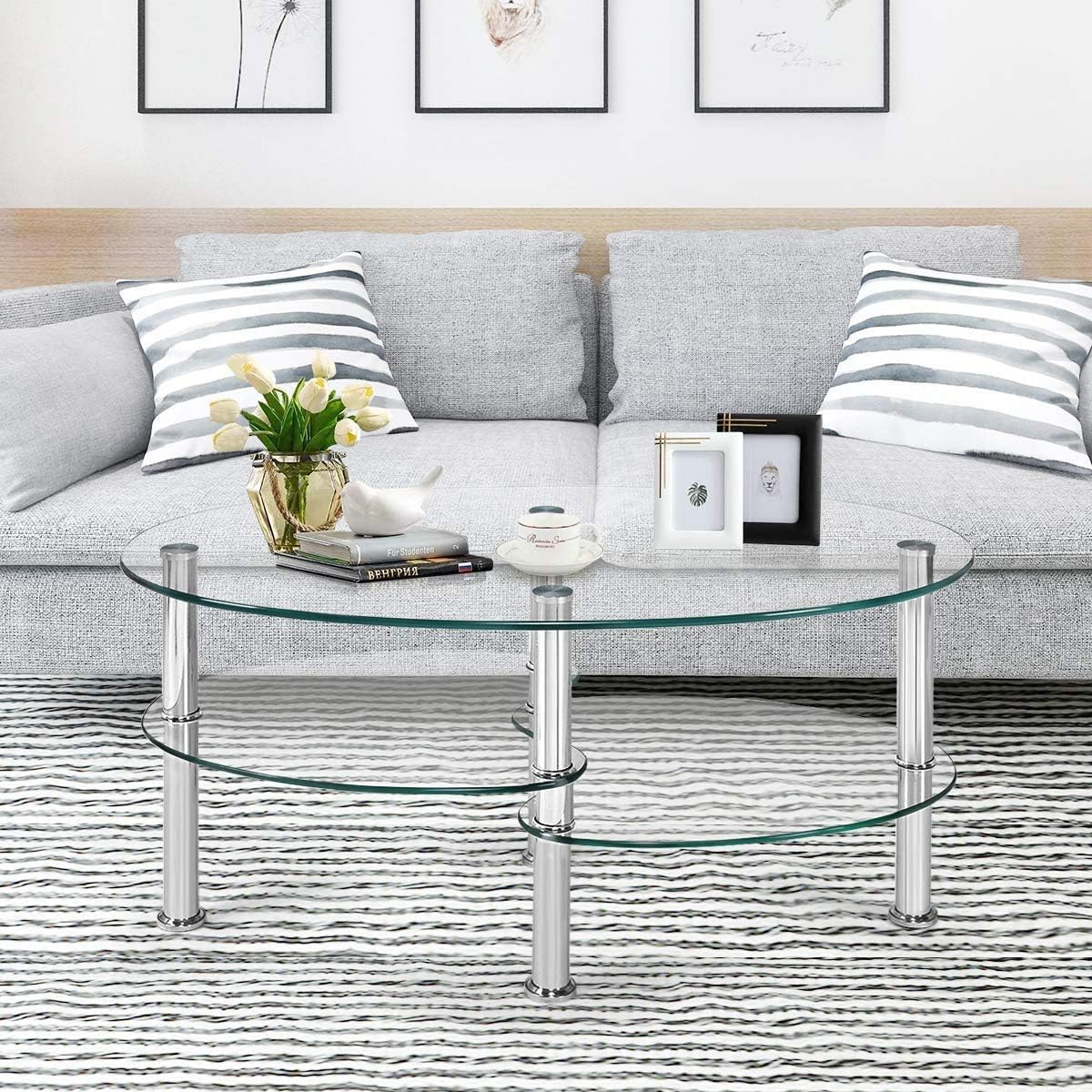 FANTASK Tempered Glass Coffee Table, Oval 3-Tier Steel Tea Table w/Spacious Glass Desk-Top, Open Storage Shelf, Modern End Side Table for Home Living Room Office Reception (Clear Glass)