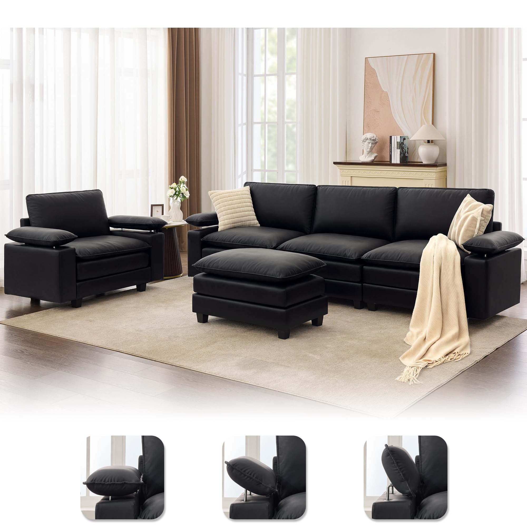 TYBOATLE 122'' Sofa Set for Living Room, Black Leather Sectional Couch with Chairs, Comfy Cloud Couch w/Adjustable Wider Armrest, Deep Seat Upholstered Modular Sofa for Office, Studio, Appartment
