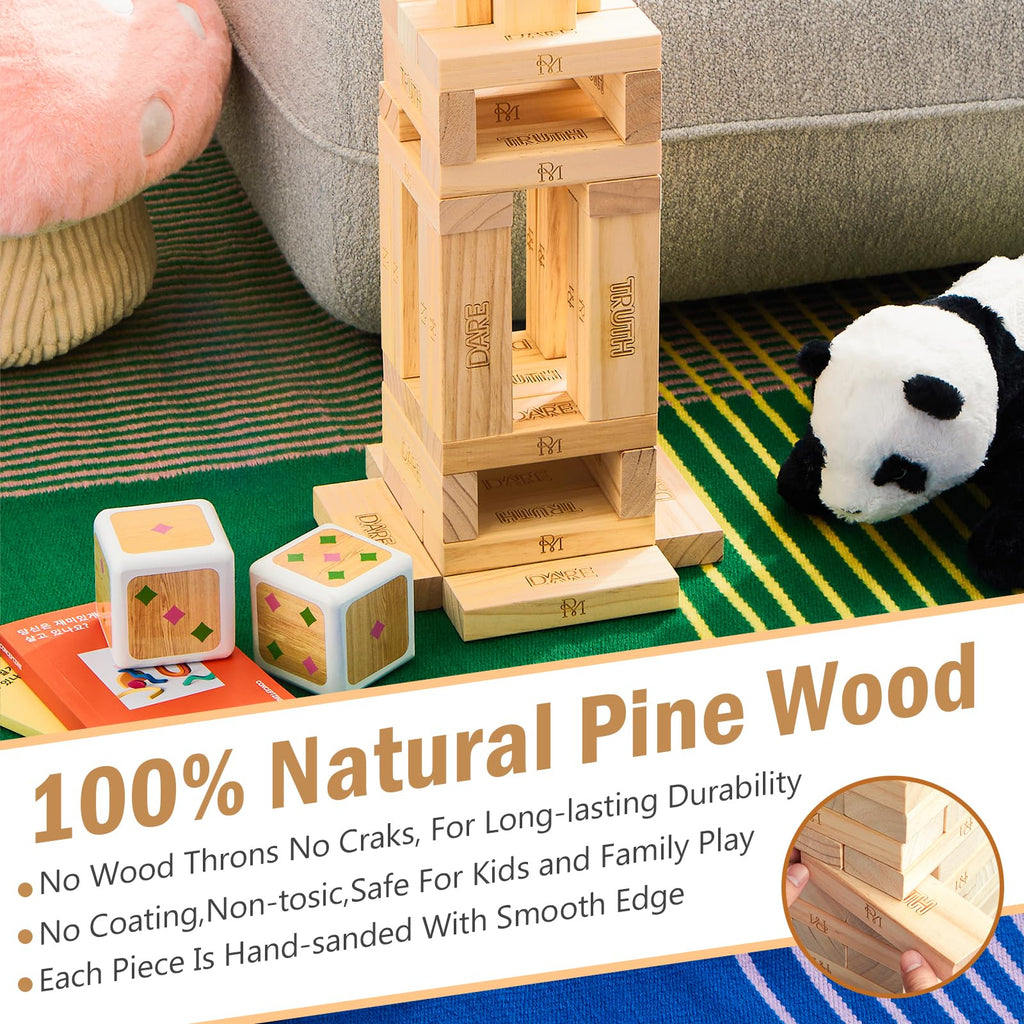 RM ROOMERS Tour Géante Tumble Tower, Jeu de 54 Blocs en Bois à Empiler avec Sac de Transport en Cuir, Dés, Cartes Vérité ou Conséquence, Jeu de Tour Géante pour Famille pour Intérieur Extérieur Jardin Pelouse Fête