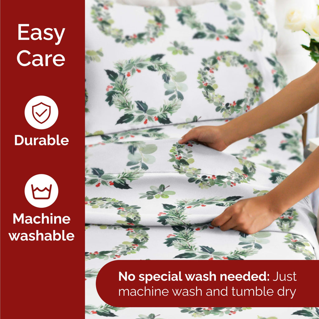 Komplet pościeli King Christmas Tree - Świąteczny wzór Xmas na lnie - Głębokie kieszenie - Dopasowany krój - 4 części - Bez zagnieceń - Wygodna i chłodząca świąteczna pościel zimowa - Łatwa w pielęgnacji - Przyjazna dzieciom