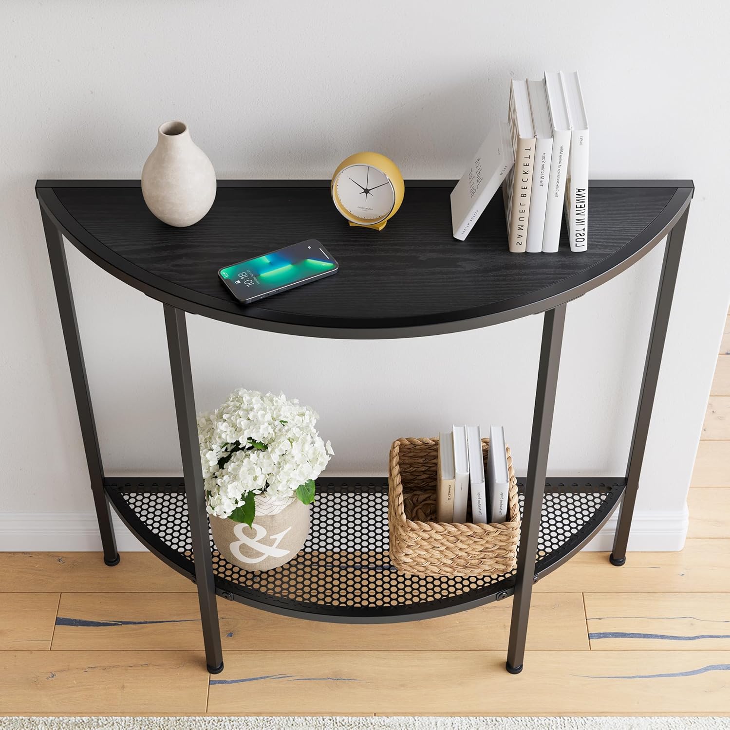 Console Table 2 Tier Narrow Entryway Table with Storage,Half Moon Sofa Couch Table,Small Hallway Entry Way Tables,Wooden Accent Side Table for Living Room Coffee Table,Black