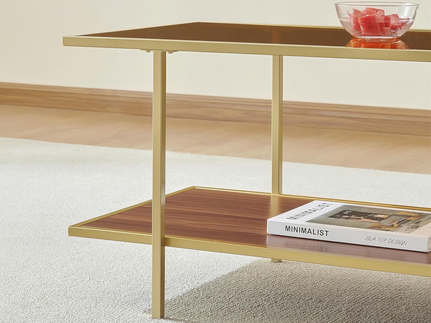 Modern Rectangle Glass Coffee Table with Amber Glass Top, Rectangle Glass Table for Living Room, L41''×W19''×H18'', Gold Table Legs Structure & Amber Glass Top