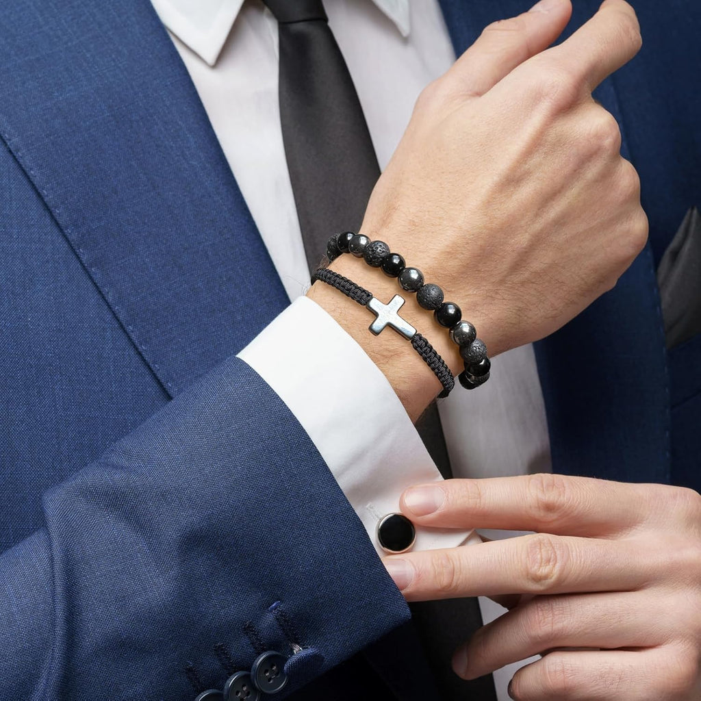 2 pcs Cross Beaded Bracelets for Men,8mm Black Obsidian Tiger eyes Hematite Mens Triple Protection Bracelet Set Fathers Day Birthday Jewelry Gifts