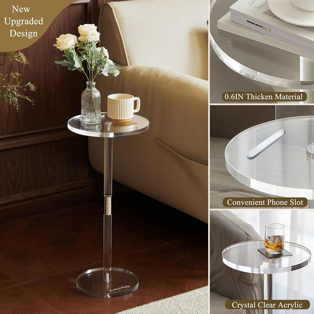 Acrylic Drink Table, Small Round Side Table for Small Space, Pedestal End Tables with Phone Holder, Multi-Use Modern Accent Tables, Martini/Cocktail Table for Living Room 10"X21" Easy Assembly