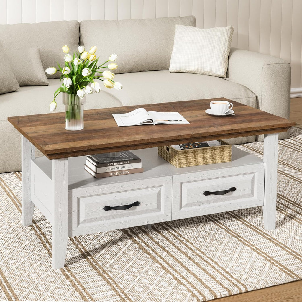 Amada Coffee Table for Living Room, 39.4" Small Coffee Table with Storage, Open Display Shelf and Hidden Drawers, Farmhouse Wood Center Table Ideal for Home Office, White and Oak