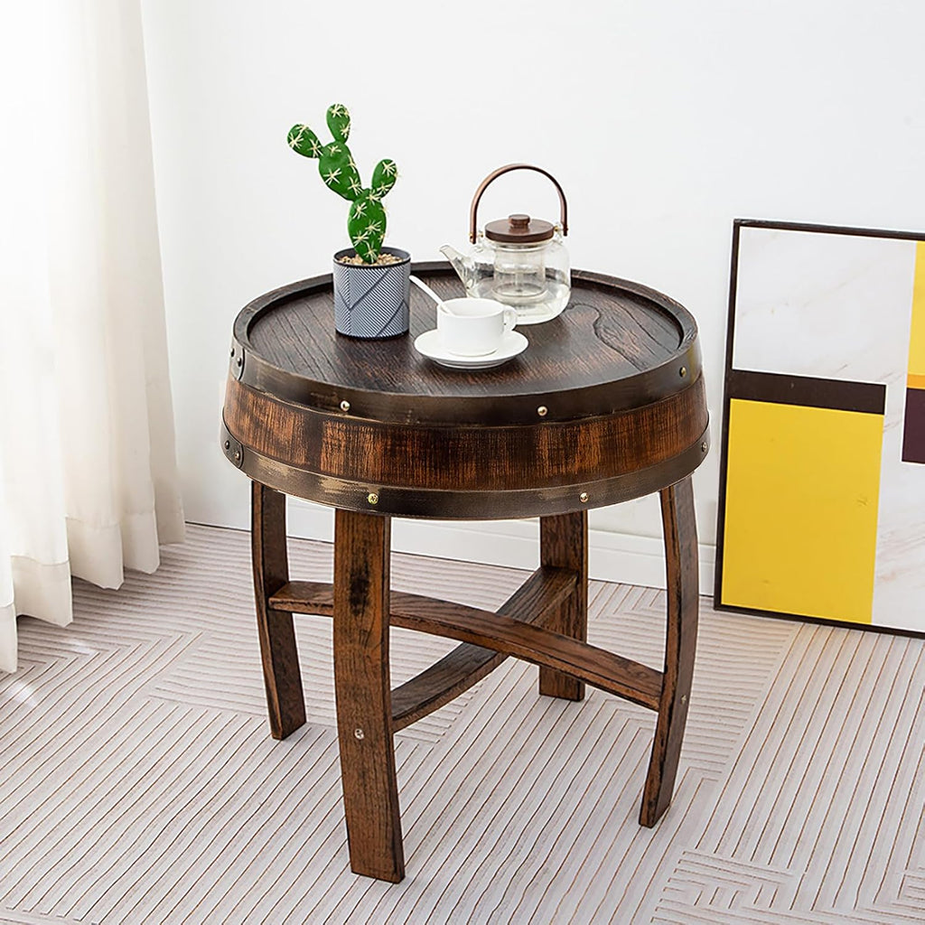 Farmhouse Whiskey Barrel End Table,Round Wood Barrel Side Table,Rusitc Wine Barrel Bourbon Barrel Coffee Table Handcrafted Oak Barrel Decor Furniture