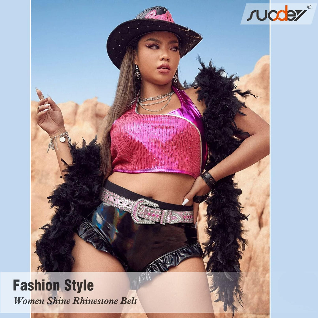 SUOSDEY Fashion Rhinestone Sequins Belt for Men Women Western Cowgirl Cowboy Bling Diamond Leather Belt for Jeans Dress
