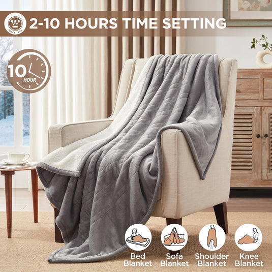 Westinghouse Heated Blanket Queen Size, Soft Flannel to Sherpa Electric Blanket with 10 Heating Levels, 12 Hours Auto Off, Fast Heating Blanket, Machine Washable, 84x90 Inch, Charcoal