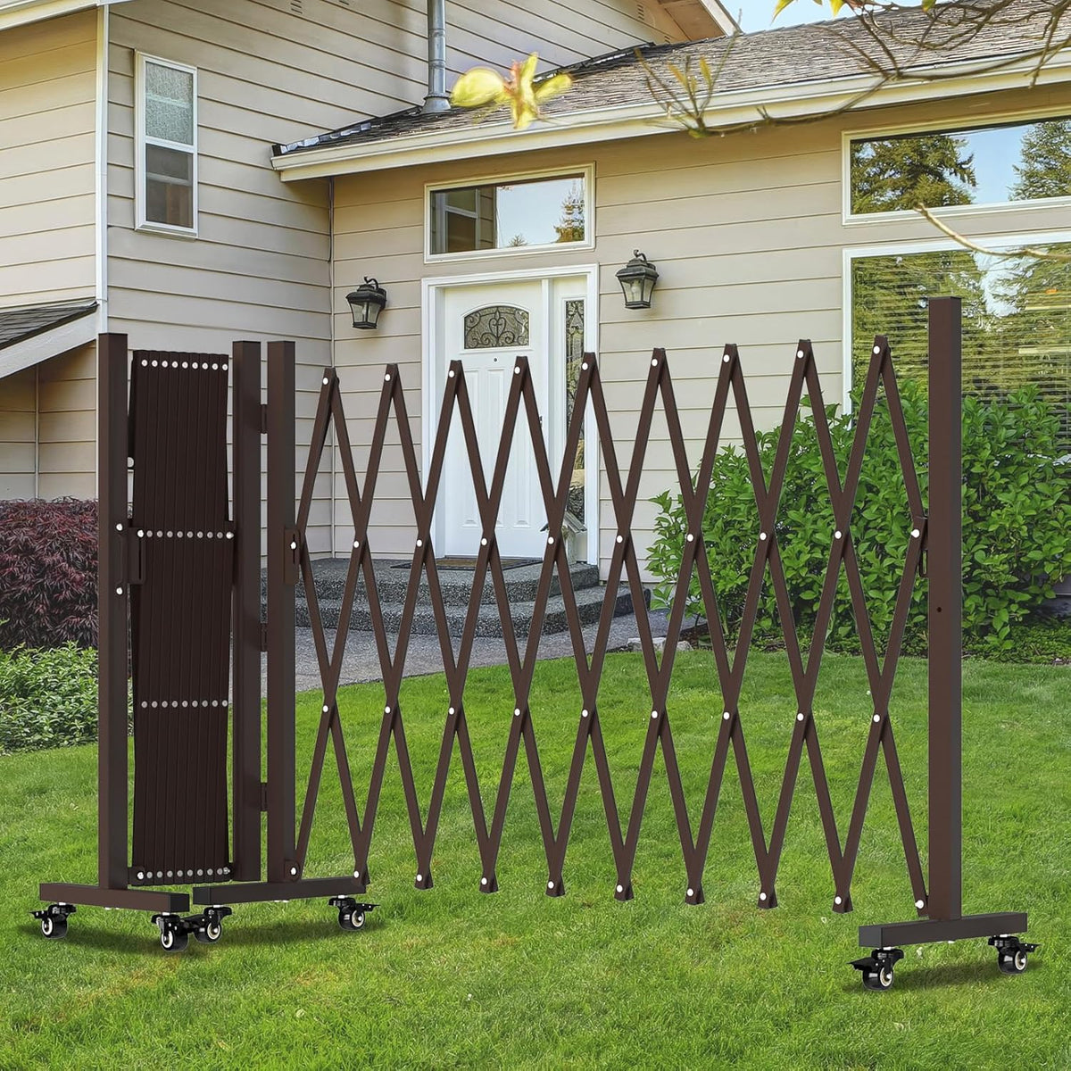 209" Width Expandable Driveway Gate & Retractable Fence Outdoor - 180° Rotating Aluminum Barricade with Casters, Metal Safety Barrier for Backyard/Dog Security (216.54 * 41.34,Grey)