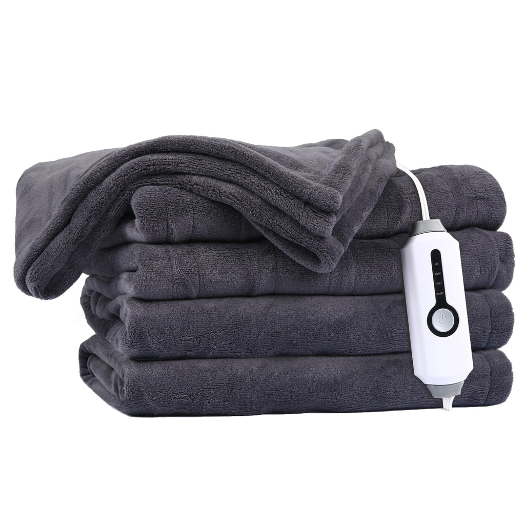 Couverture chauffante électrique DUODUO 72"x84" en polaire corail chaude avec 4 réglages de chaleur et arrêt automatique de 10 heures Protection contre la surchauffe - Gris 