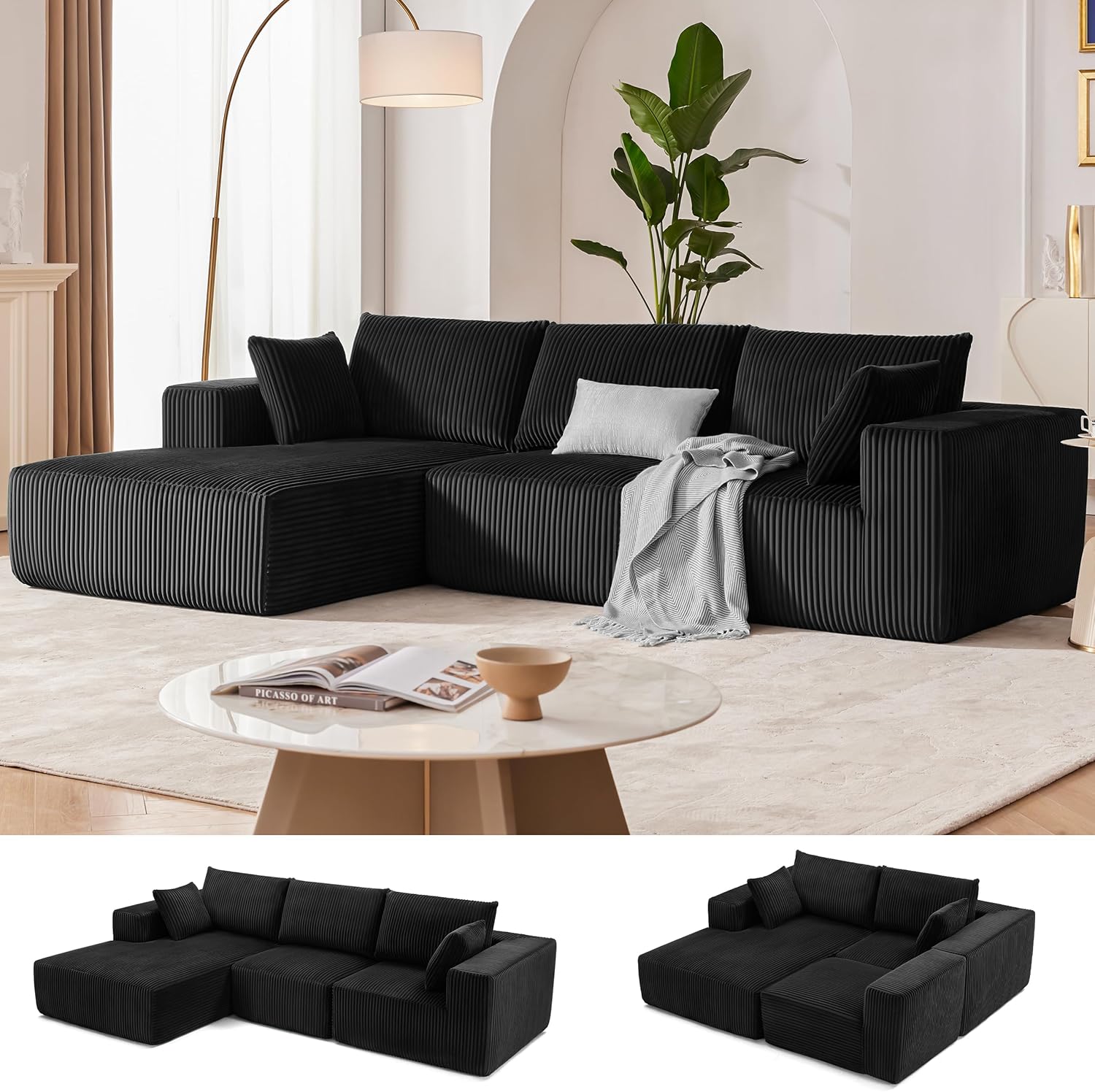 108” Modular Sectional Sofa, Cloud Sectional Couch with Deep Seat, Modern Modular L-Shape Sofa Couch with Chaise,Upholstered Couches for Living Room Bedroom (Black, Left Facing Chaise)