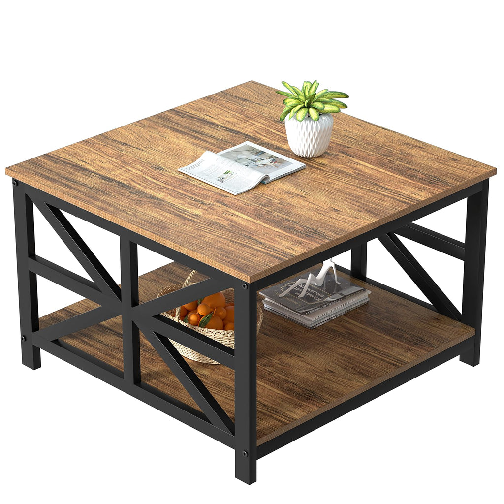 GreenForest Coffee Table with Storage for Living Room, Small Square Center Tables with Seamless One-Piece Tabletop Farmhouse Style, Black