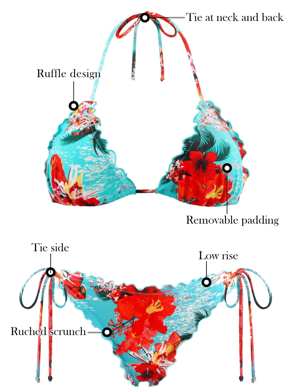 RELLECIGA Синий цветочный бразильский бикини треугольный топ волнистый крошечный купальник размер Medium