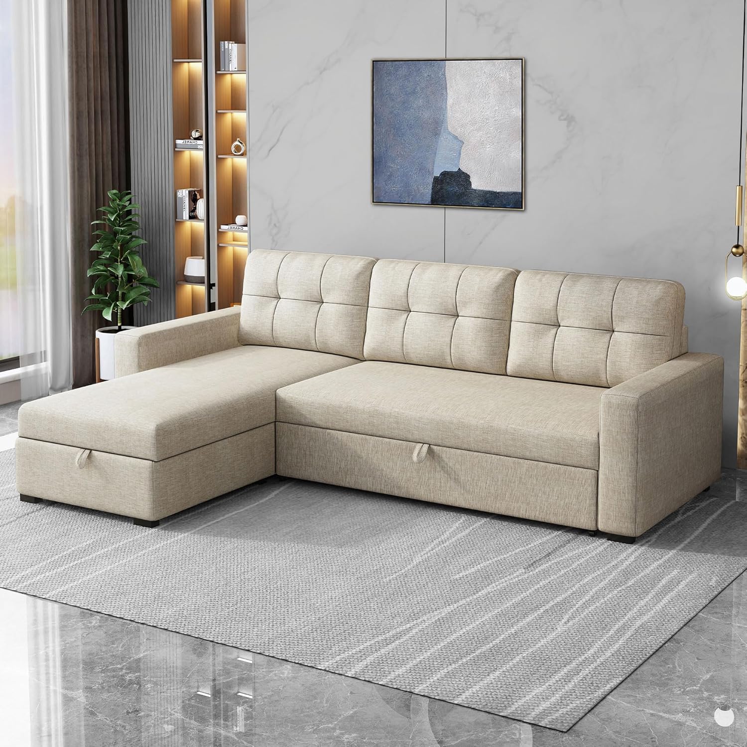 81.5" Sleeper Sectional Sofa,Upholstered Sectional Storage Chaise and Pull,Reversible L-Shape Couch,w/ 3 Back Cushions,for Living Room,Office,Apartment,Dark Grey - Grand Goldman