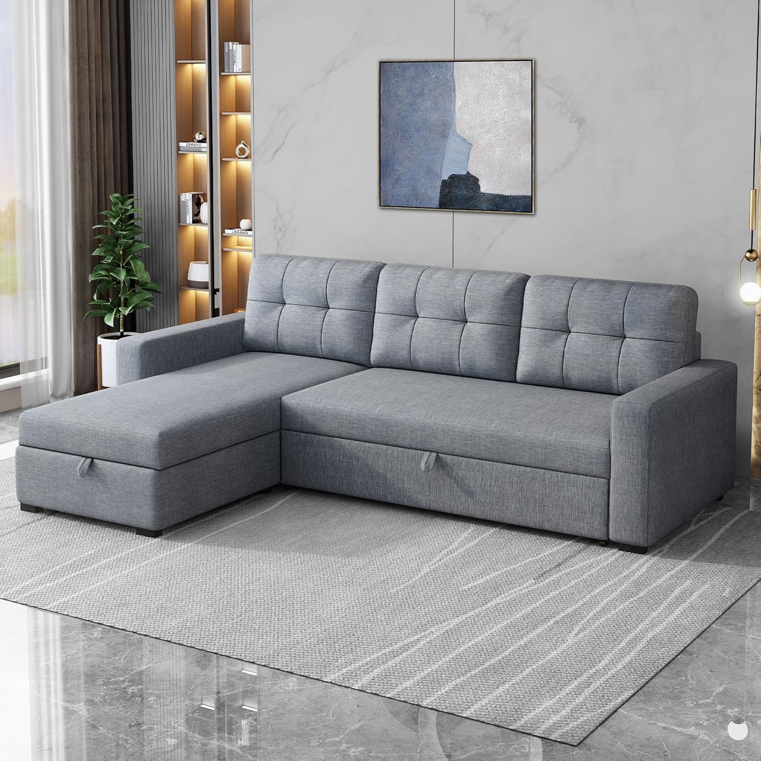 81.5" Sleeper Sectional Sofa,Upholstered Sectional Storage Chaise and Pull,Reversible L-Shape Couch,w/ 3 Back Cushions,for Living Room,Office,Apartment,Dark Grey - Grand Goldman