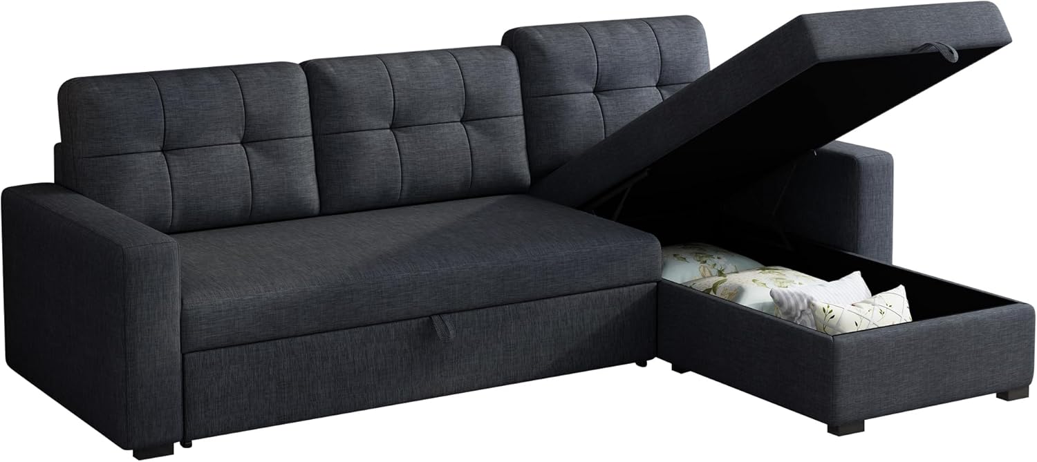 81.5" Sleeper Sectional Sofa,Upholstered Sectional Storage Chaise and Pull,Reversible L-Shape Couch,w/ 3 Back Cushions,for Living Room,Office,Apartment,Dark Grey - Grand Goldman