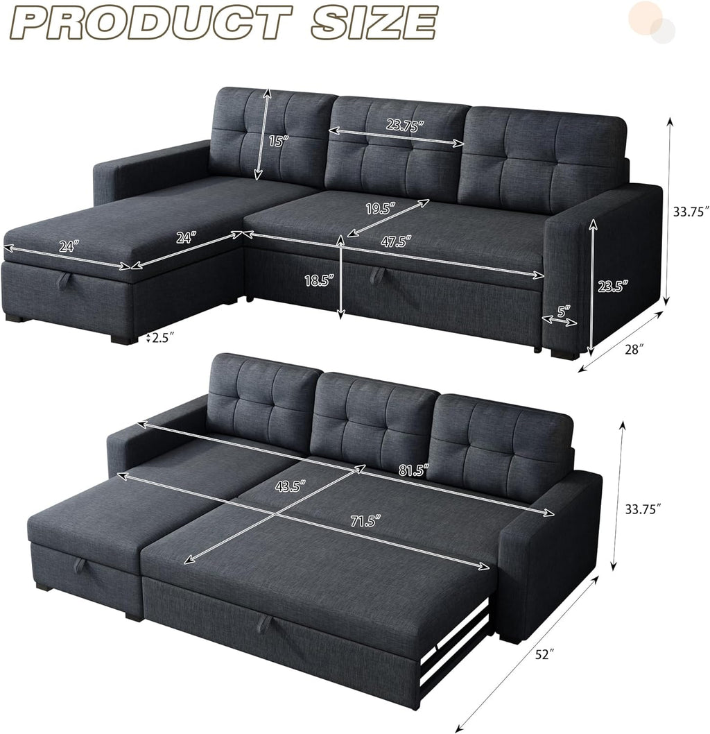 81.5" Sleeper Sectional Sofa,Upholstered Sectional Storage Chaise and Pull,Reversible L-Shape Couch,w/ 3 Back Cushions,for Living Room,Office,Apartment,Dark Grey - Grand Goldman