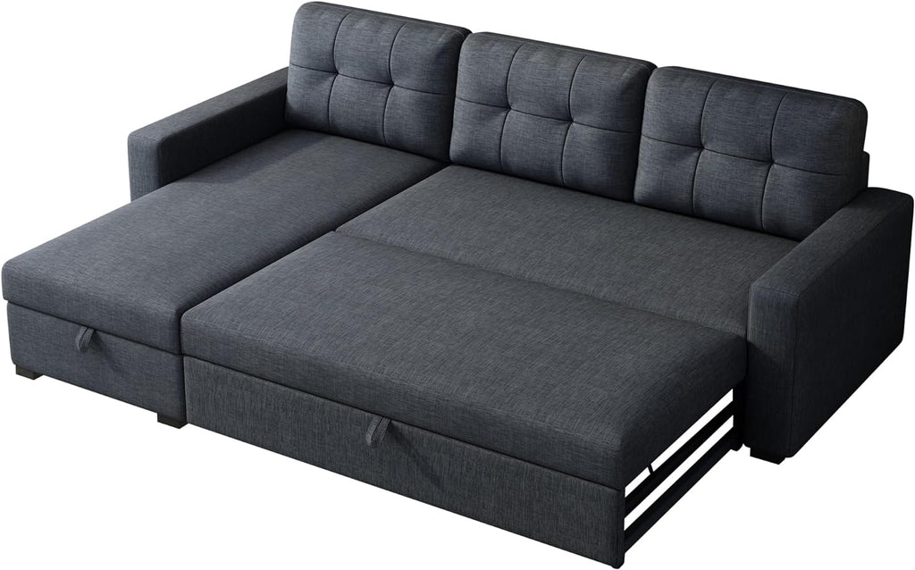 81.5" Sleeper Sectional Sofa,Upholstered Sectional Storage Chaise and Pull,Reversible L-Shape Couch,w/ 3 Back Cushions,for Living Room,Office,Apartment,Dark Grey - Grand Goldman