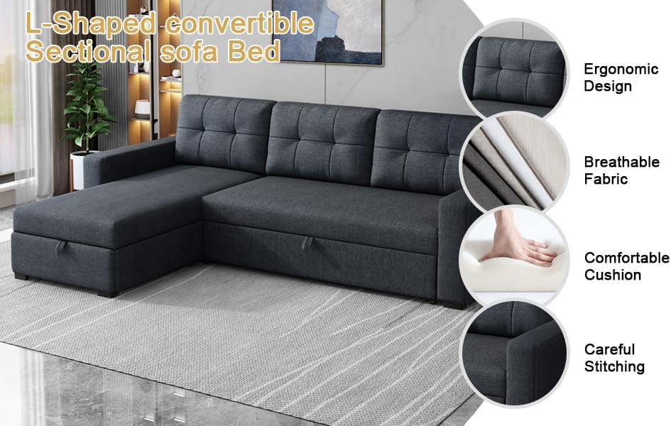 81.5" Sleeper Sectional Sofa,Upholstered Sectional Storage Chaise and Pull,Reversible L-Shape Couch,w/ 3 Back Cushions,for Living Room,Office,Apartment,Dark Grey - Grand Goldman