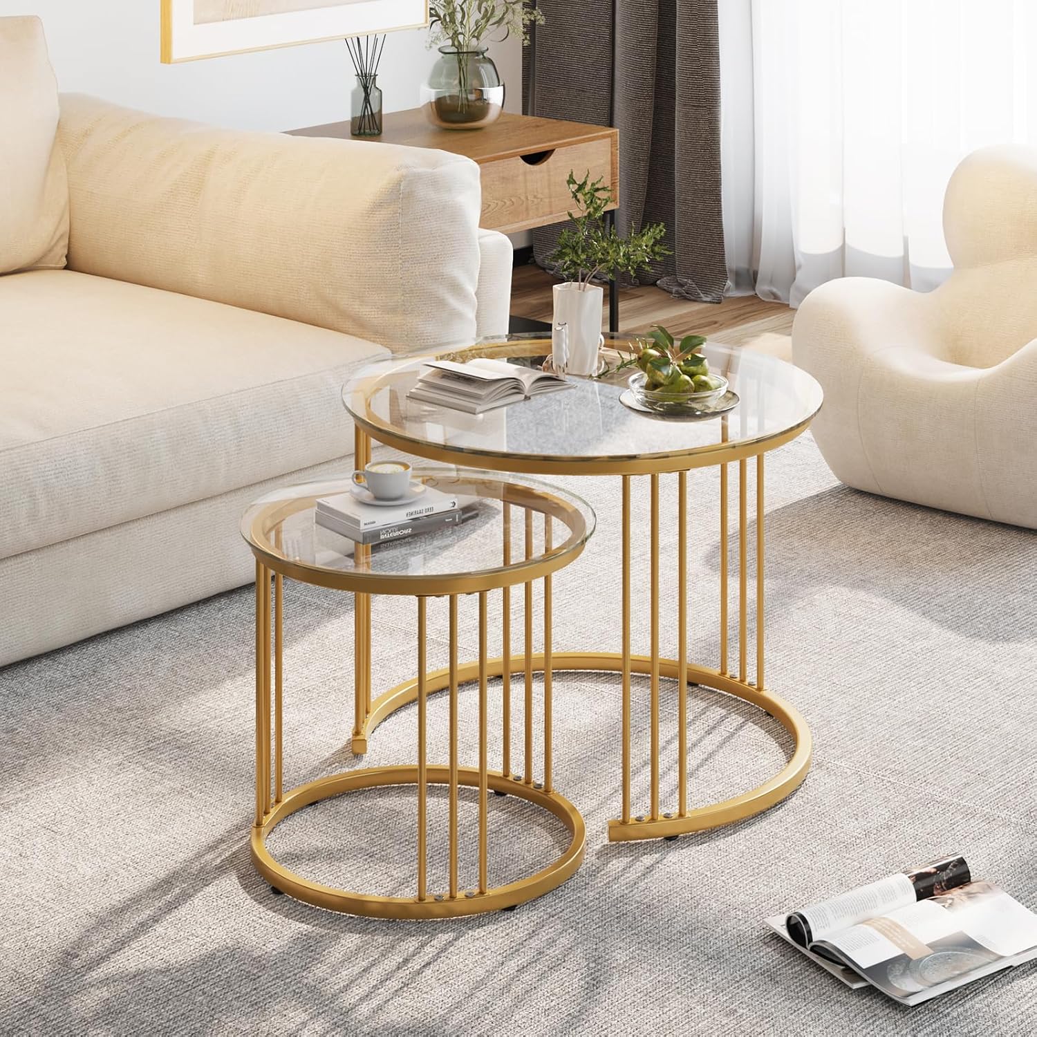Garden 4 you Nesting Coffee Table, 23.6" Round Coffee Table Set of 2, Glass Nesting Table with Metal Frame, Ceter Tables for Living Room Bedroom Balcony, Gold
