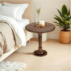 Wooden End Table for Living Room - 18x22 Burnt Finish Carved Side Table, Single Pillar Nightstand, Bedside Table for Books, Plants, Magazines, Small Space Accent Table